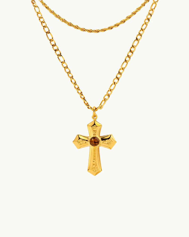 Goudkleurige Dubbele Ketting met Kruis Hanger - Fem