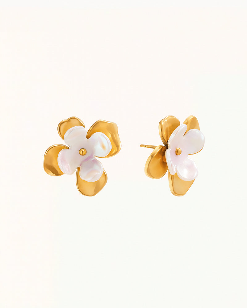 Gold Flower Earrings with Pearl Petals - Audrey