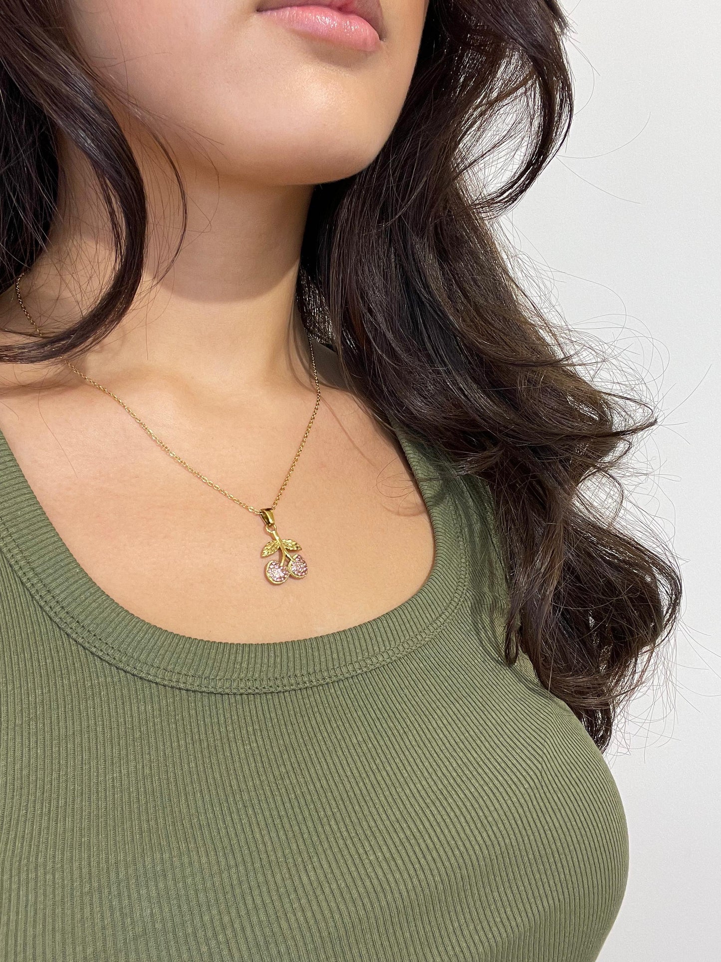 Gold Necklace with Cherry Pendant and Pink Stones - Chinook