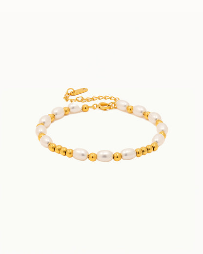 Goudkleurige Bolletjes Armband met Witte Parels - Britney
