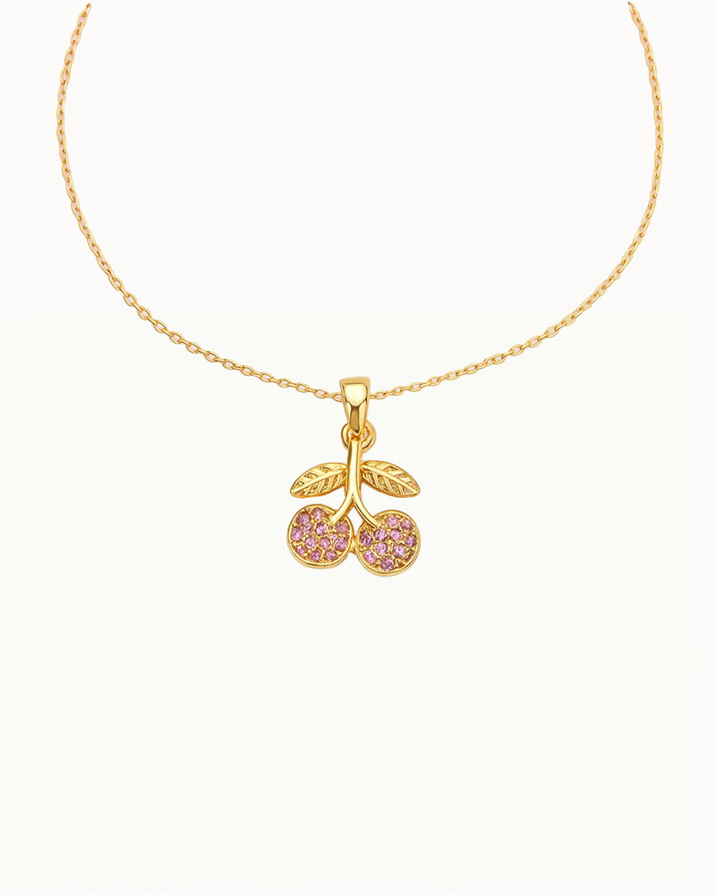Gold Necklace with Cherry Pendant and Pink Stones - Chinook