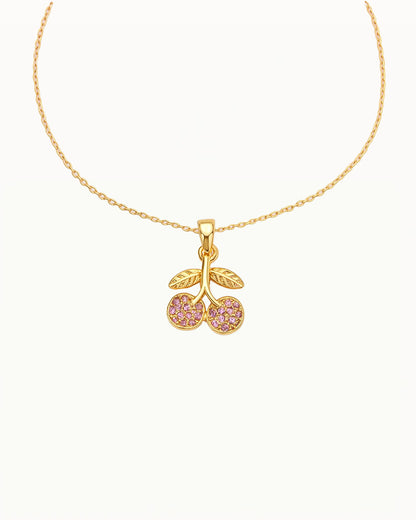 Gold Necklace with Cherry Pendant and Pink Stones - Chinook