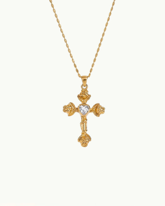 Goudkleurige Ketting met Kruis en Hartvormige Kristal - Emiliana